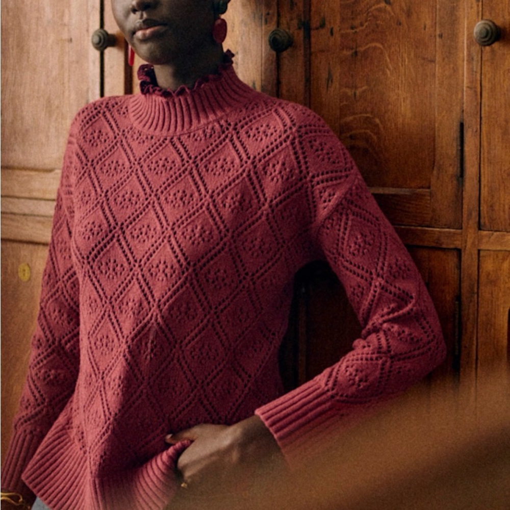 Sezane Laurie Knit Ruffle Mock Neck Sweater, Size M